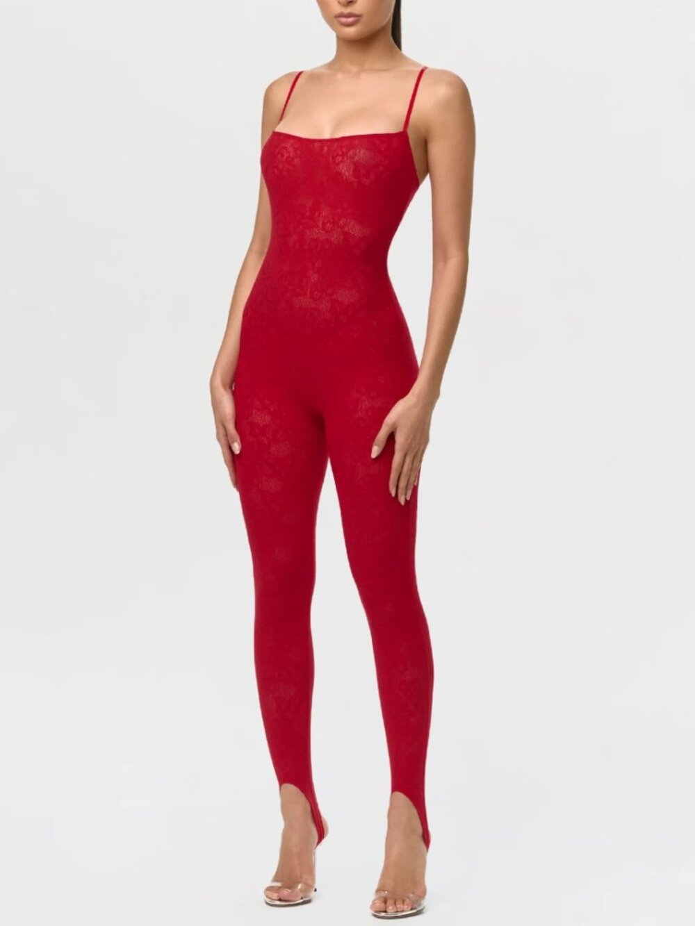 Naked Wardrobe Stretch Lace Tank Stirrup Jumpsuit Red Bodycon Sleeveless XXS NWT